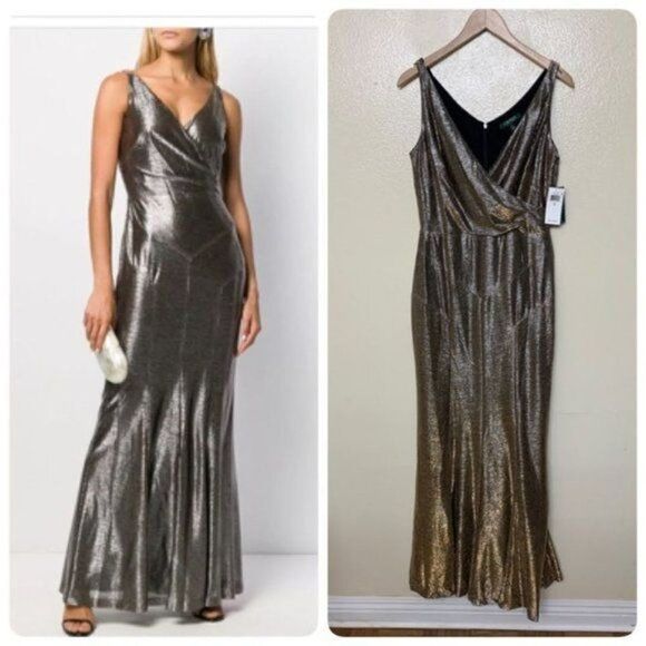 Lauren Ralph Lauren Aletheo Metallic Faux Wrap Evening Dress Size 6 Black Gold - Picture 1 of 13